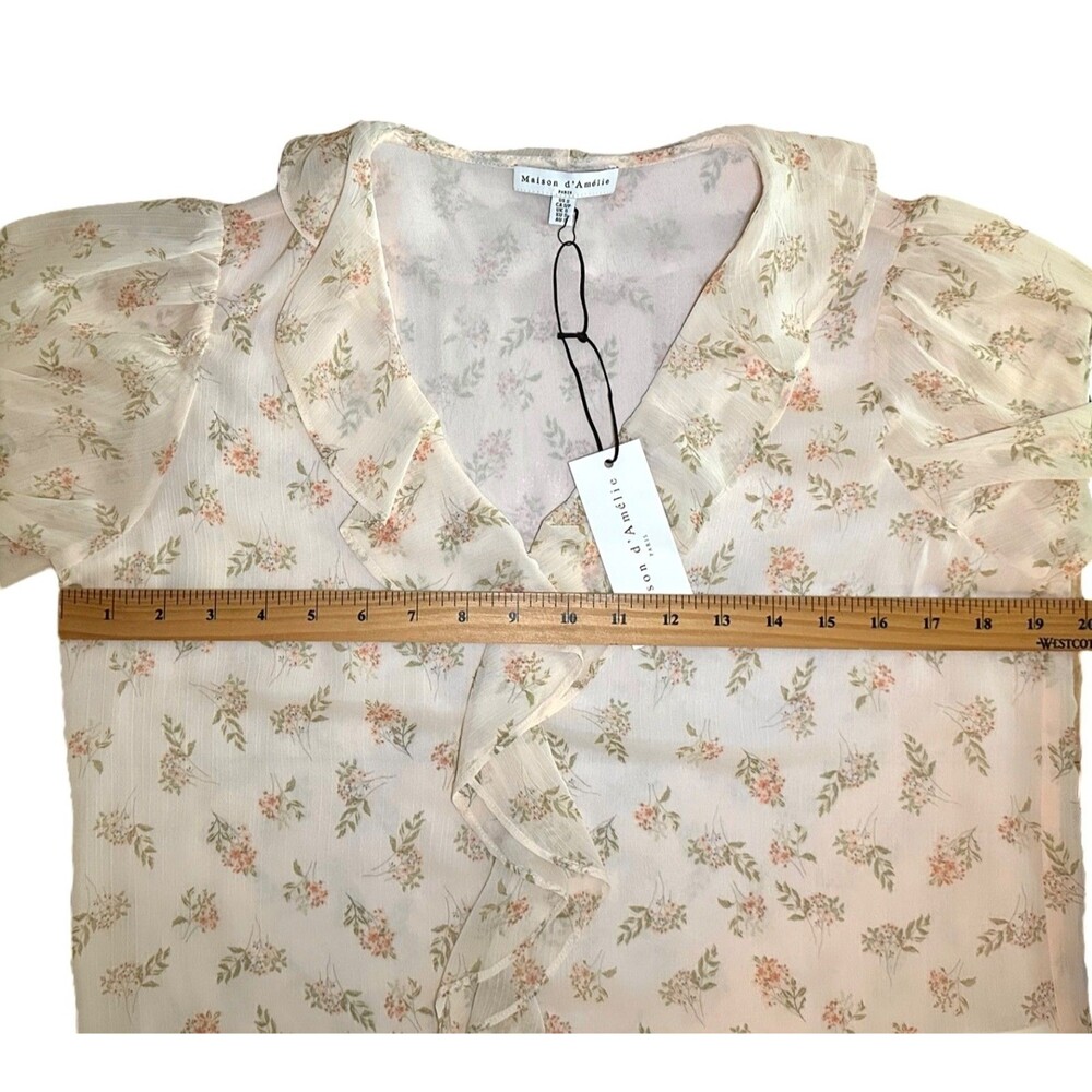 Maison d'Amelie Women's Ruffle Blouse Short Puff Sleeve Sheer Sz S Beige Printed - Picture 7 of 8